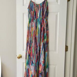 Jack, Size 4, Watercolor adjustable spaghetti strap, elastic waist maxi dress